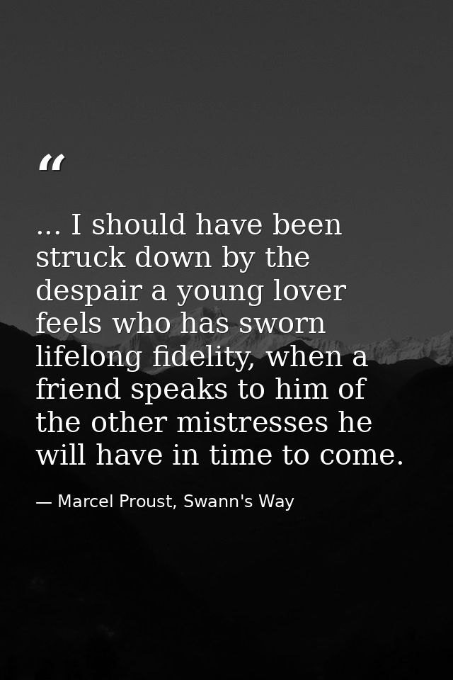 ... I should have been struck down by the despair a young lover feels who has sworn lifelong fidelity, when a friend spe — Marcel Proust, Swann's Way