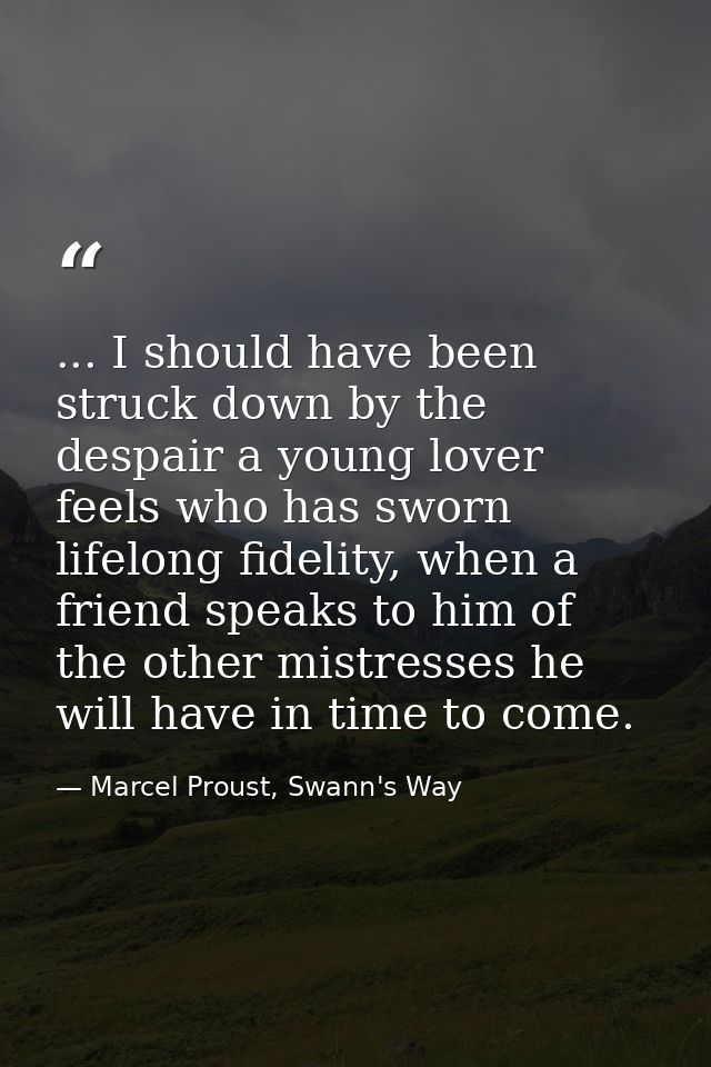 ... I should have been struck down by the despair a young lover feels who has sworn lifelong fidelity, when a friend spe — Marcel Proust, Swann's Way