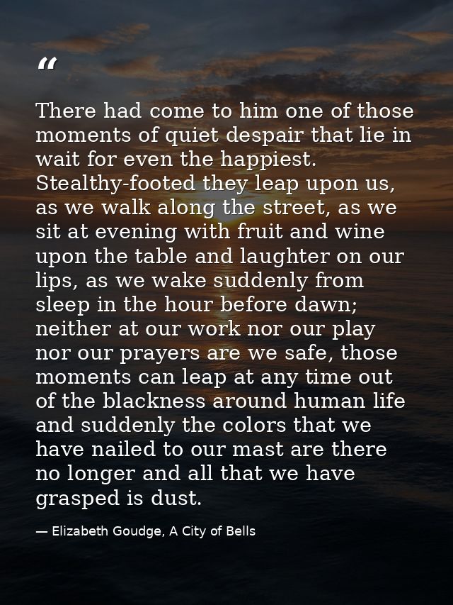 There had come to him one of those moments of quiet despair that lie in wait for even the happiest. Stealthy-footed they — Elizabeth Goudge, A City of Bells