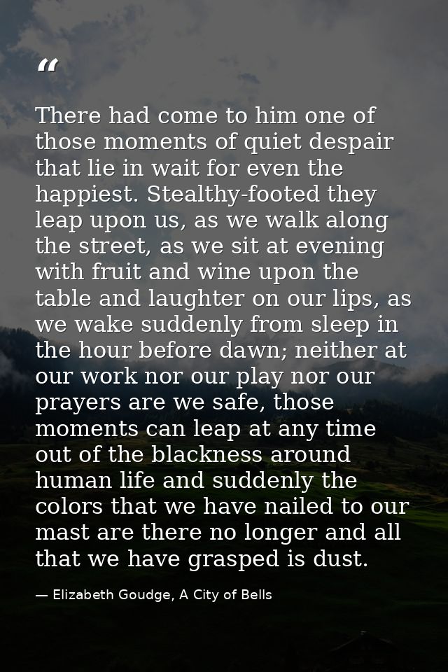 There had come to him one of those moments of quiet despair that lie in wait for even the happiest. Stealthy-footed they — Elizabeth Goudge, A City of Bells