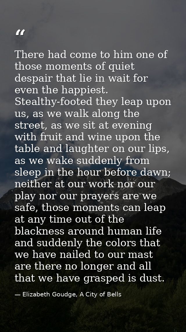 There had come to him one of those moments of quiet despair that lie in wait for even the happiest. Stealthy-footed they — Elizabeth Goudge, A City of Bells