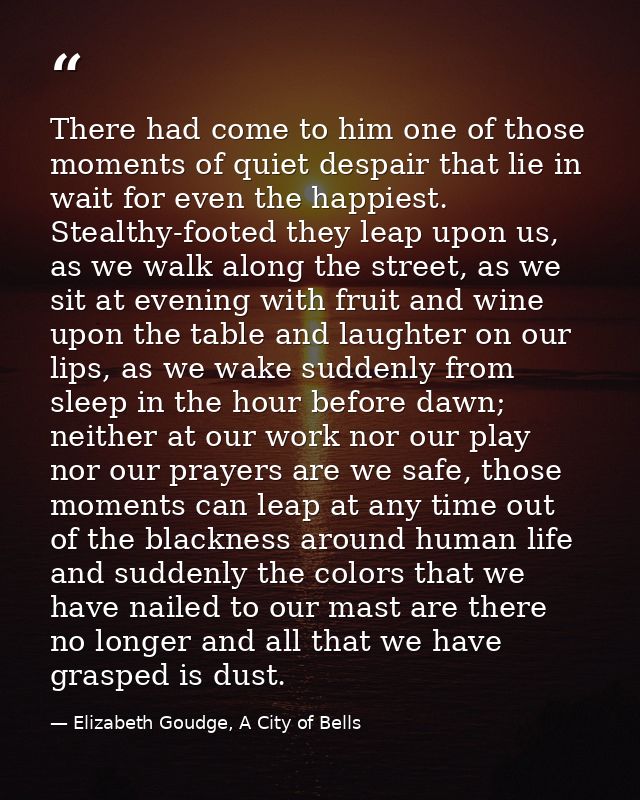 There had come to him one of those moments of quiet despair that lie in wait for even the happiest. Stealthy-footed they — Elizabeth Goudge, A City of Bells