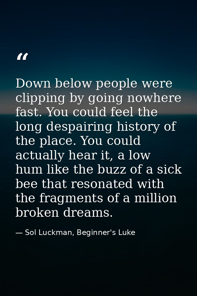 Down below people were clipping by going nowhere fast. You could feel the long despairing history of the place. You coul — Sol Luckman, Beginner's Luke