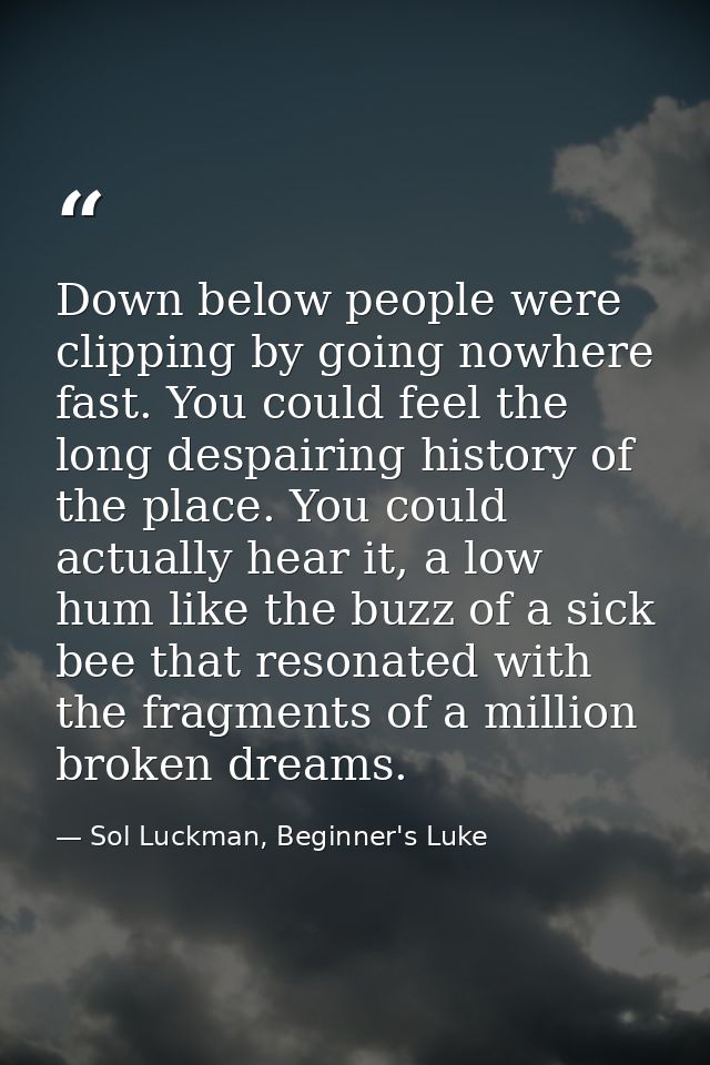 Down below people were clipping by going nowhere fast. You could feel the long despairing history of the place. You coul — Sol Luckman, Beginner's Luke