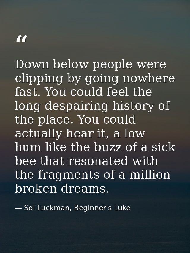 Down below people were clipping by going nowhere fast. You could feel the long despairing history of the place. You coul — Sol Luckman, Beginner's Luke