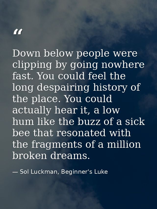 Down below people were clipping by going nowhere fast. You could feel the long despairing history of the place. You coul — Sol Luckman, Beginner's Luke