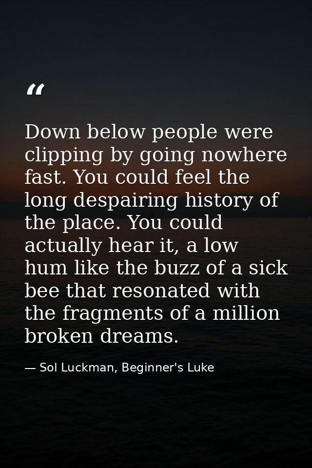 Down below people were clipping by going nowhere fast. You could feel the long despairing history of the place. You coul — Sol Luckman, Beginner's Luke