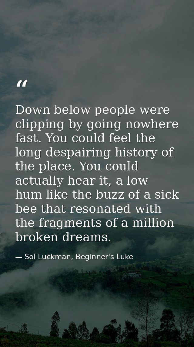 Down below people were clipping by going nowhere fast. You could feel the long despairing history of the place. You coul — Sol Luckman, Beginner's Luke