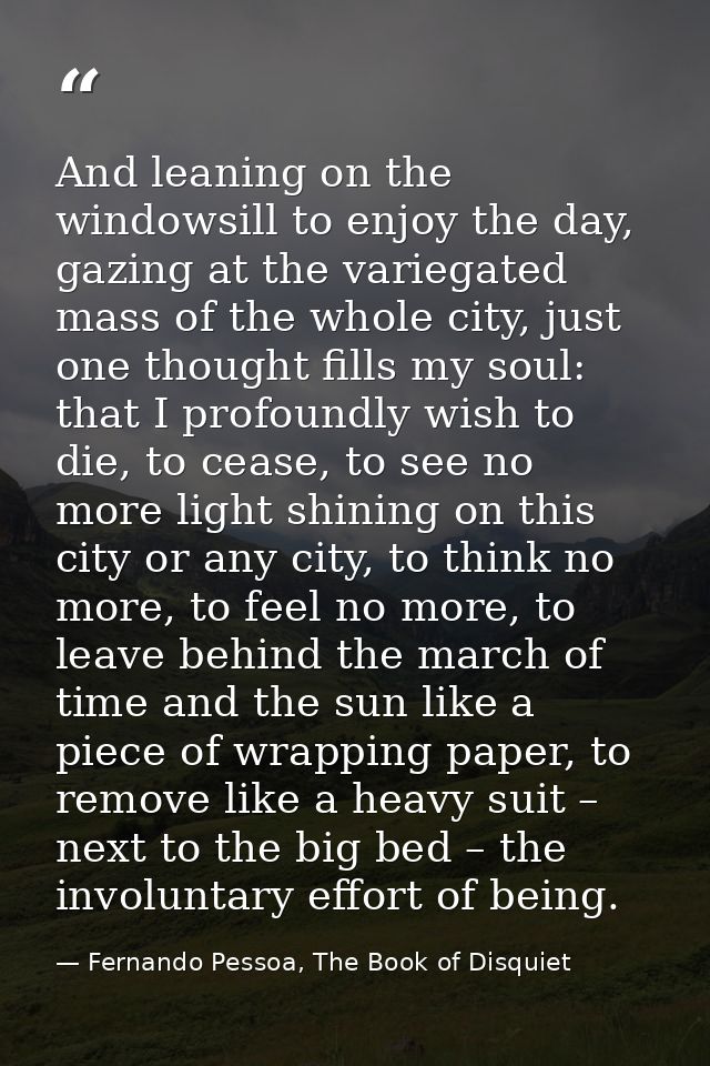 And leaning on the windowsill to enjoy the day, gazing at the variegated mass of the whole city, just one thought fills  — Fernando Pessoa, The Book of Disquiet
