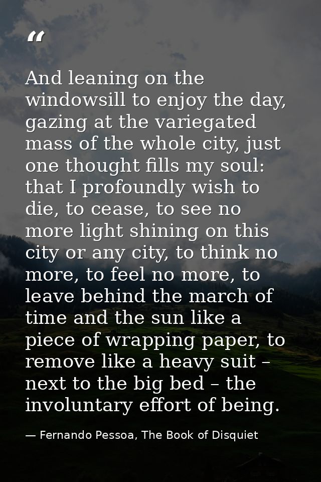 And leaning on the windowsill to enjoy the day, gazing at the variegated mass of the whole city, just one thought fills  — Fernando Pessoa, The Book of Disquiet