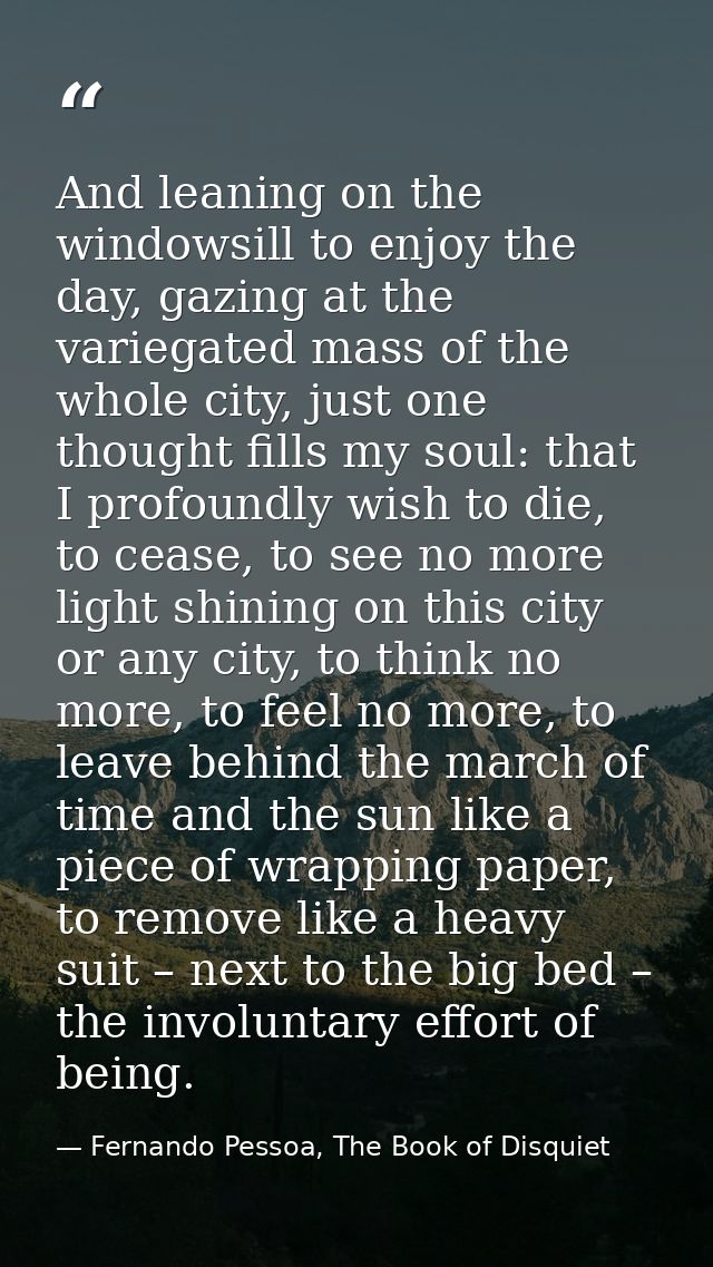 And leaning on the windowsill to enjoy the day, gazing at the variegated mass of the whole city, just one thought fills  — Fernando Pessoa, The Book of Disquiet