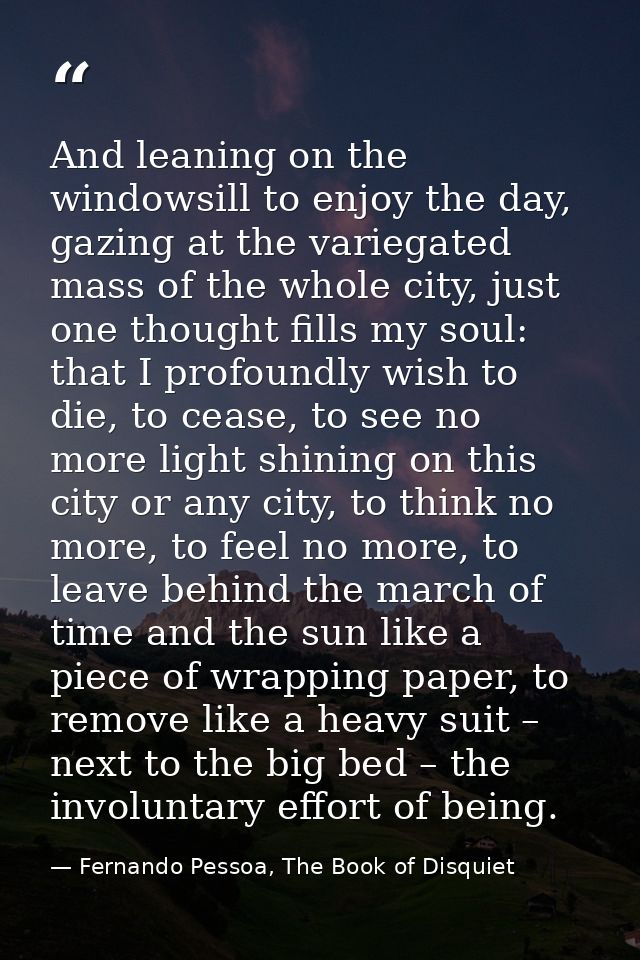 And leaning on the windowsill to enjoy the day, gazing at the variegated mass of the whole city, just one thought fills  — Fernando Pessoa, The Book of Disquiet