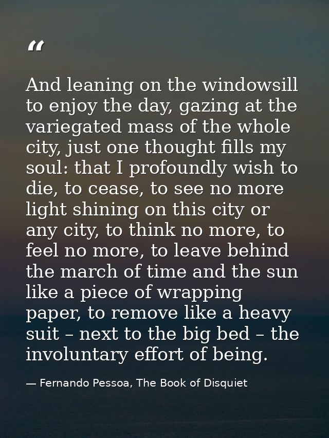 And leaning on the windowsill to enjoy the day, gazing at the variegated mass of the whole city, just one thought fills  — Fernando Pessoa, The Book of Disquiet