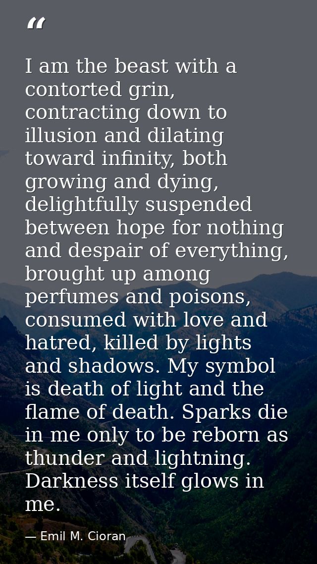 I am the beast with a contorted grin, contracting down to illusion and dilating toward infinity, both growing and dying, — Emil M. Cioran