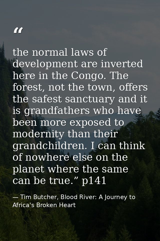 the normal laws of development are inverted here in the Congo. The forest, not the town, offers the safest sanctuary and — Tim Butcher, Blood River: A Journey to Africa's Broken Heart