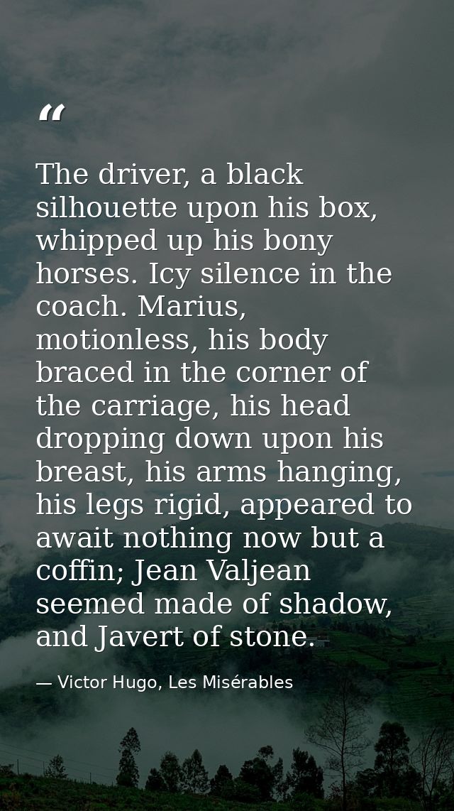 The driver, a black silhouette upon his box, whipped up his bony horses. Icy silence in the coach. Marius, motionless, h — Victor Hugo, Les Misérables