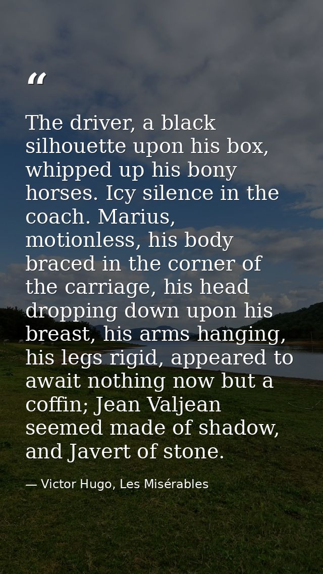 The driver, a black silhouette upon his box, whipped up his bony horses. Icy silence in the coach. Marius, motionless, h — Victor Hugo, Les Misérables