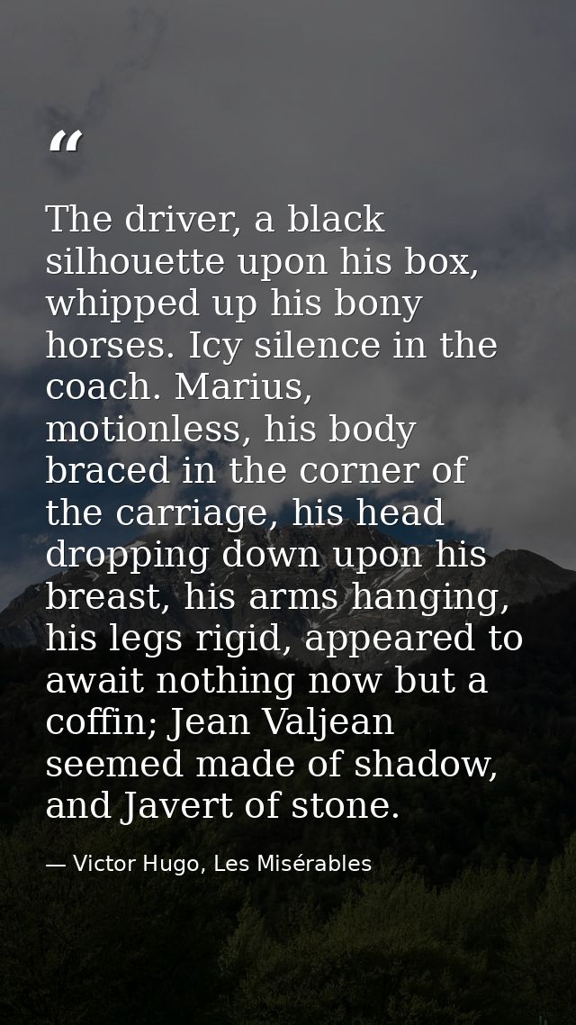 The driver, a black silhouette upon his box, whipped up his bony horses. Icy silence in the coach. Marius, motionless, h — Victor Hugo, Les Misérables