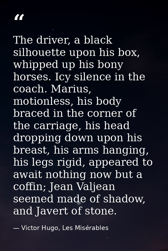 The driver, a black silhouette upon his box, whipped up his bony horses. Icy silence in the coach. Marius, motionless, h — Victor Hugo, Les Misérables