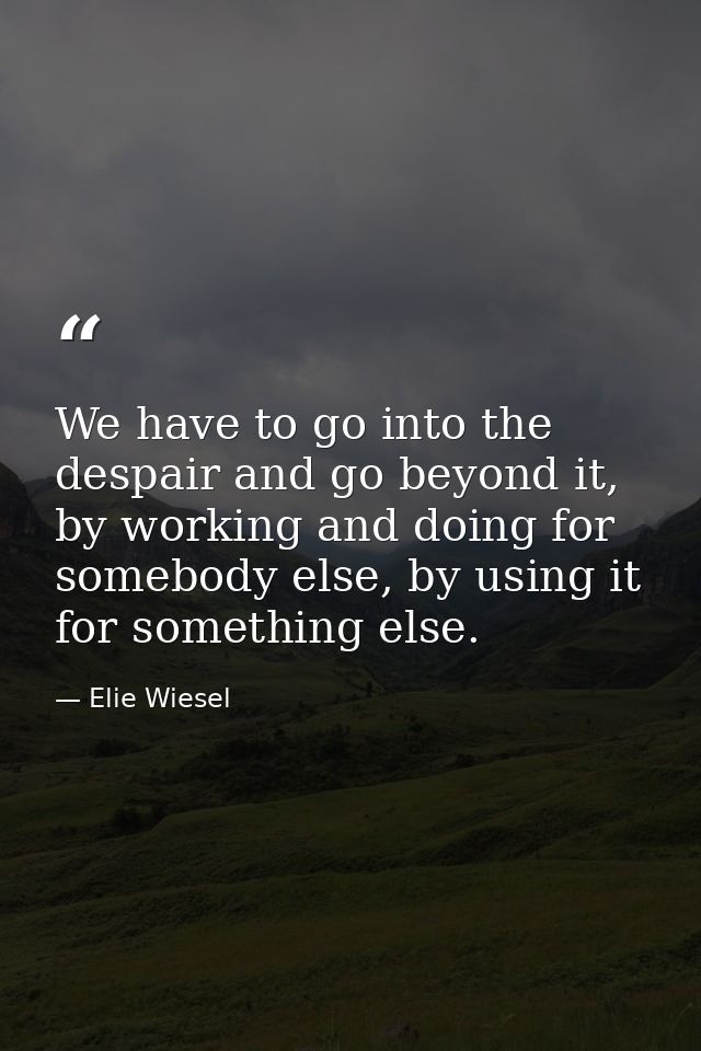 We have to go into the despair and go beyond it, by working and doing for somebody else, by using it for something else. — Elie Wiesel