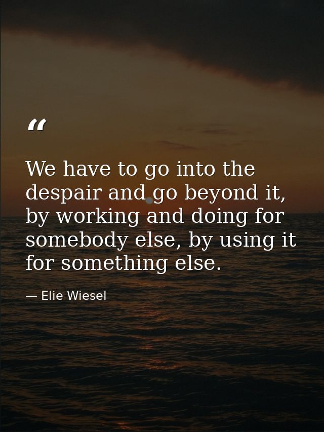 We have to go into the despair and go beyond it, by working and doing for somebody else, by using it for something else. — Elie Wiesel