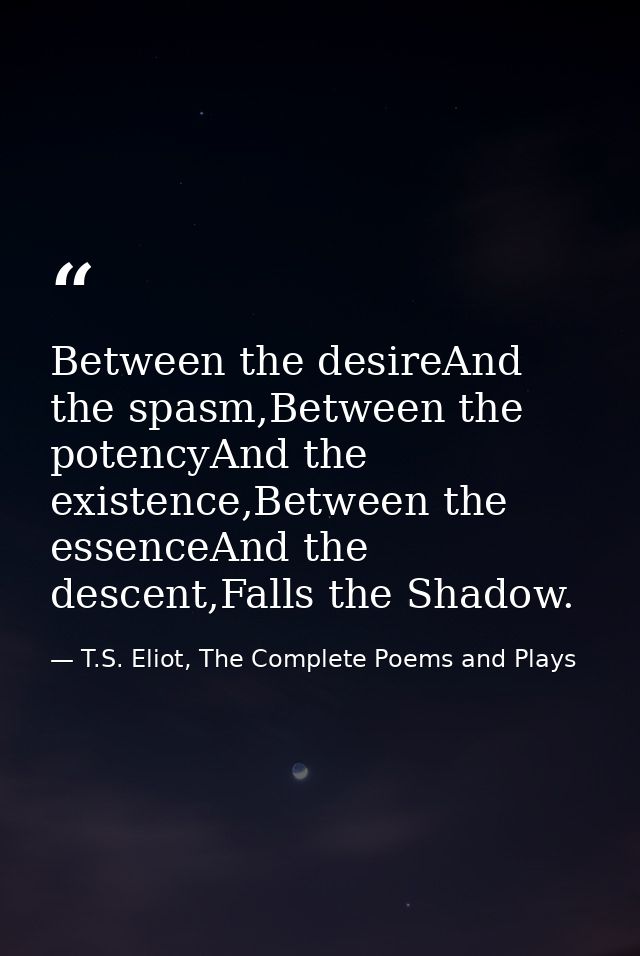 Between the desireAnd the spasm,Between the potencyAnd the existence,Between the essenceAnd the descent,Falls the Shadow — T.S. Eliot, The Complete Poems and Plays