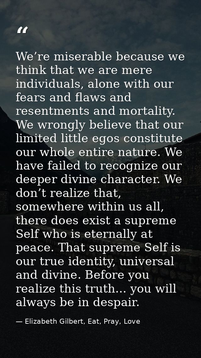 We’re miserable because we think that we are mere individuals, alone with our fears and flaws and resentments and mortal — Elizabeth Gilbert, Eat, Pray, Love