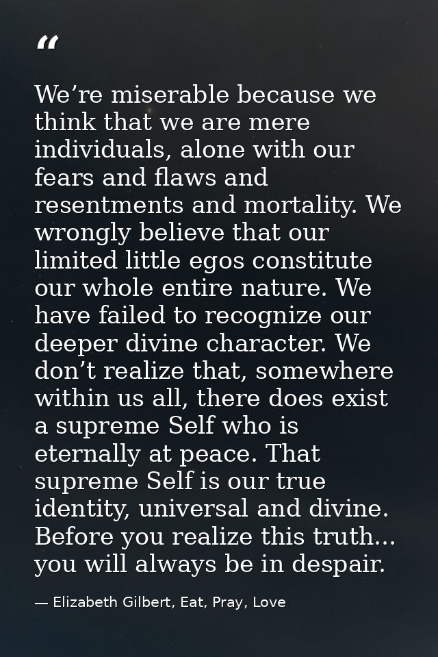 We’re miserable because we think that we are mere individuals, alone with our fears and flaws and resentments and mortal — Elizabeth Gilbert, Eat, Pray, Love