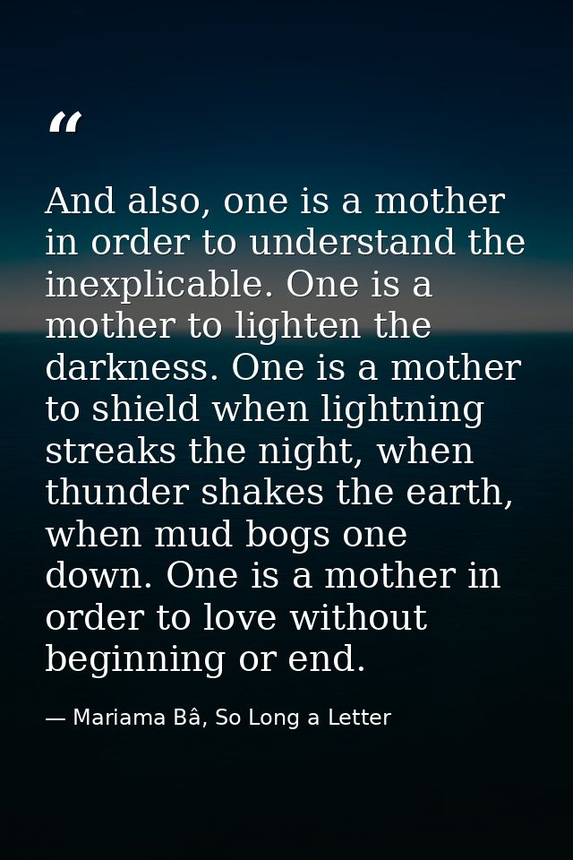 And also, one is a mother in order to understand the inexplicable. One is a mother to lighten the darkness. One is a mot — Mariama Bâ, So Long a Letter