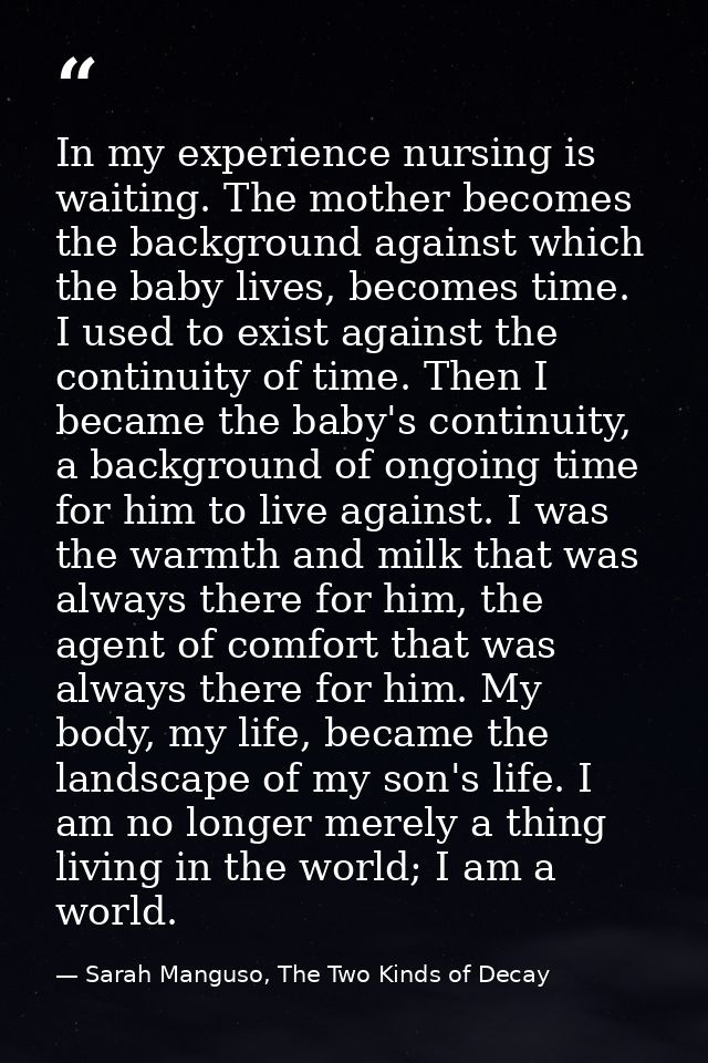 In my experience nursing is waiting. The mother becomes the background against which the baby lives, becomes time. I use — Sarah Manguso, The Two Kinds of Decay