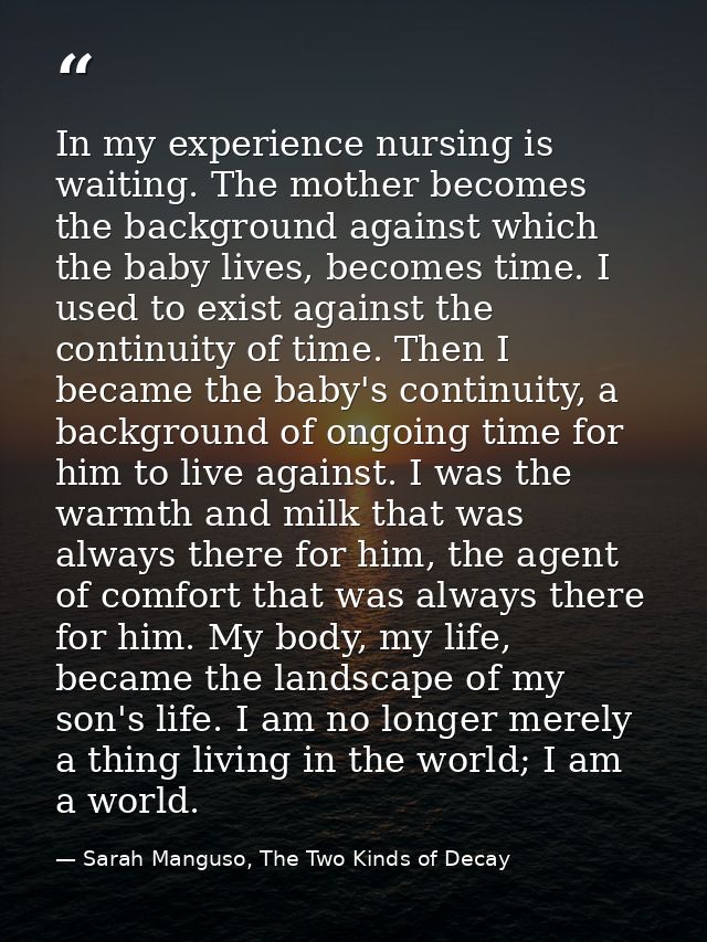 In my experience nursing is waiting. The mother becomes the background against which the baby lives, becomes time. I use — Sarah Manguso, The Two Kinds of Decay