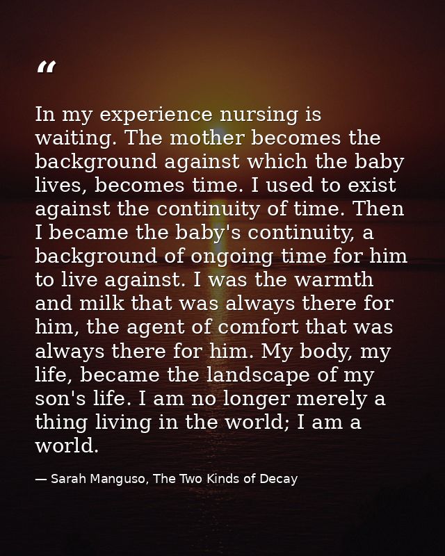 In my experience nursing is waiting. The mother becomes the background against which the baby lives, becomes time. I use — Sarah Manguso, The Two Kinds of Decay