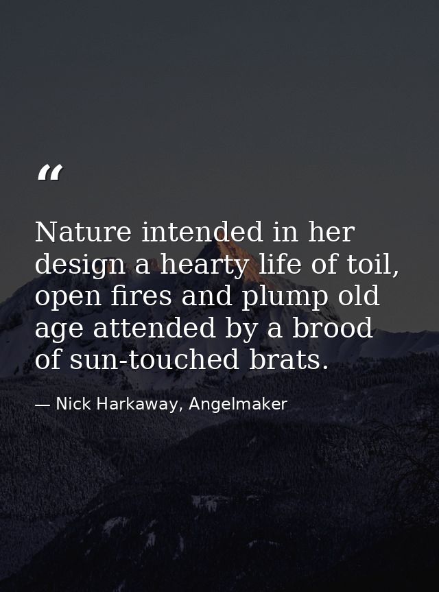 Nature intended in her design a hearty life of toil, open fires and plump old age attended by a brood of sun-touched bra — Nick Harkaway, Angelmaker