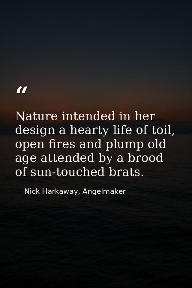 Nature intended in her design a hearty life of toil, open fires and plump old age attended by a brood of sun-touched bra — Nick Harkaway, Angelmaker