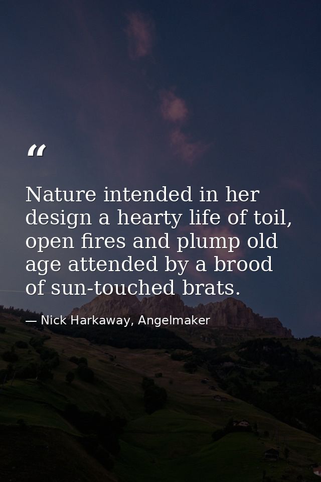 Nature intended in her design a hearty life of toil, open fires and plump old age attended by a brood of sun-touched bra — Nick Harkaway, Angelmaker
