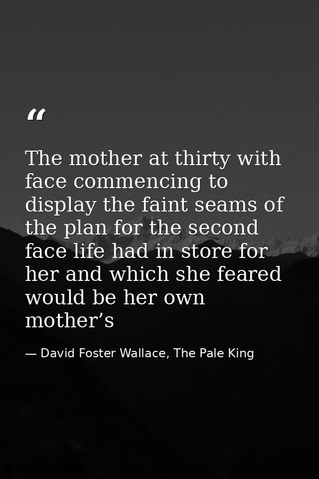 The mother at thirty with face commencing to display the faint seams of the plan for the second face life had in store f — David Foster Wallace, The Pale King