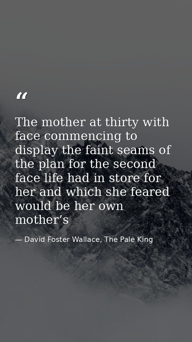 The mother at thirty with face commencing to display the faint seams of the plan for the second face life had in store f — David Foster Wallace, The Pale King