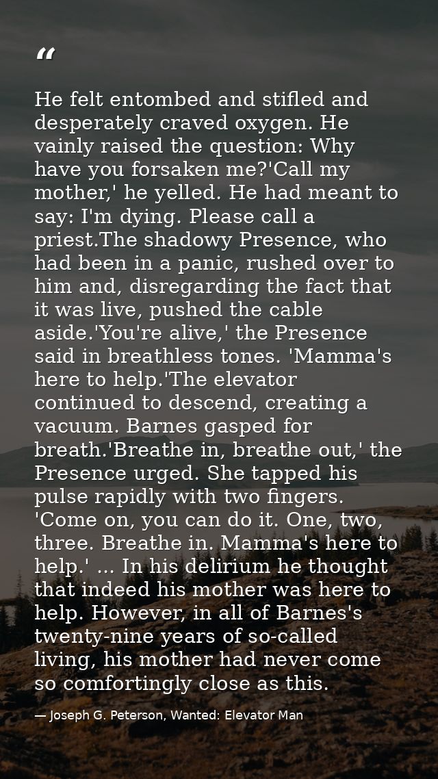 He felt entombed and stifled and desperately craved oxygen. He vainly raised the question: Why have you forsaken me?'Cal — Joseph G. Peterson, Wanted: Elevator Man