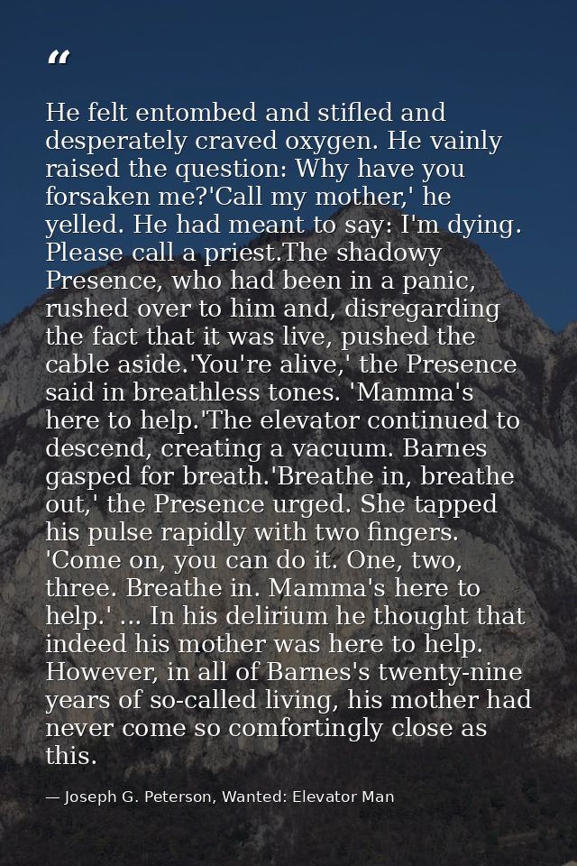 He felt entombed and stifled and desperately craved oxygen. He vainly raised the question: Why have you forsaken me?'Cal — Joseph G. Peterson, Wanted: Elevator Man