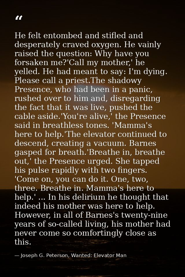 He felt entombed and stifled and desperately craved oxygen. He vainly raised the question: Why have you forsaken me?'Cal — Joseph G. Peterson, Wanted: Elevator Man