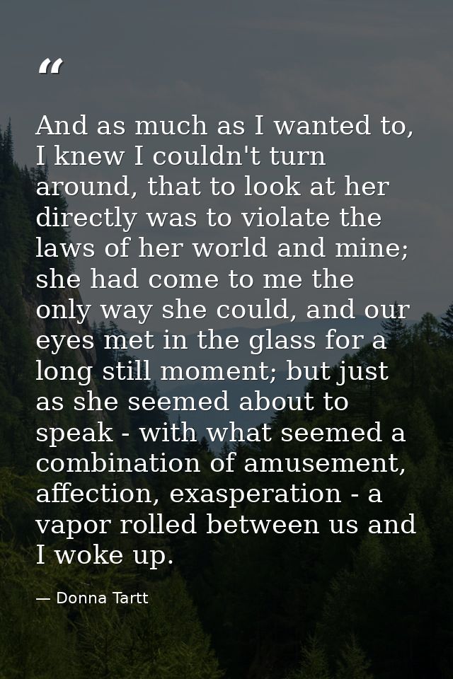 And as much as I wanted to, I knew I couldn't turn around, that to look at her directly was to violate the laws of her w — Donna Tartt