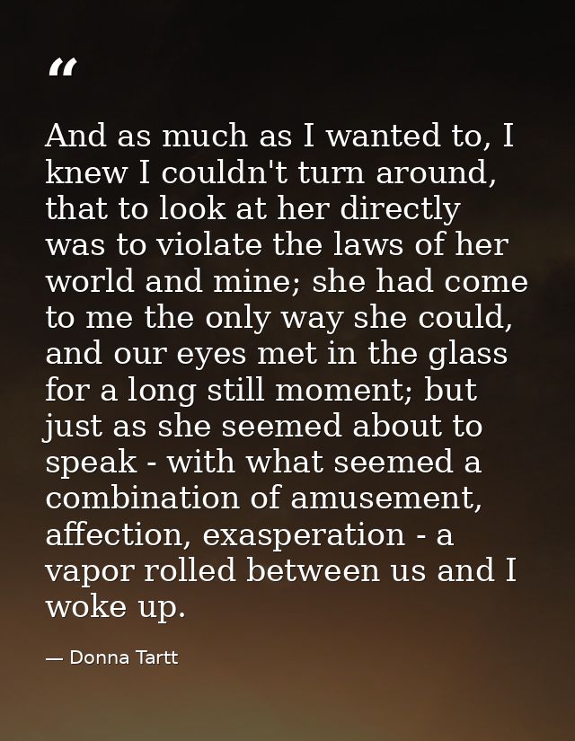 And as much as I wanted to, I knew I couldn't turn around, that to look at her directly was to violate the laws of her w — Donna Tartt