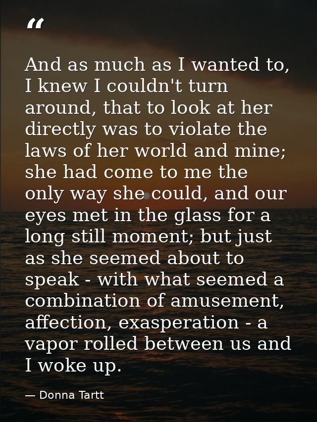 And as much as I wanted to, I knew I couldn't turn around, that to look at her directly was to violate the laws of her w — Donna Tartt