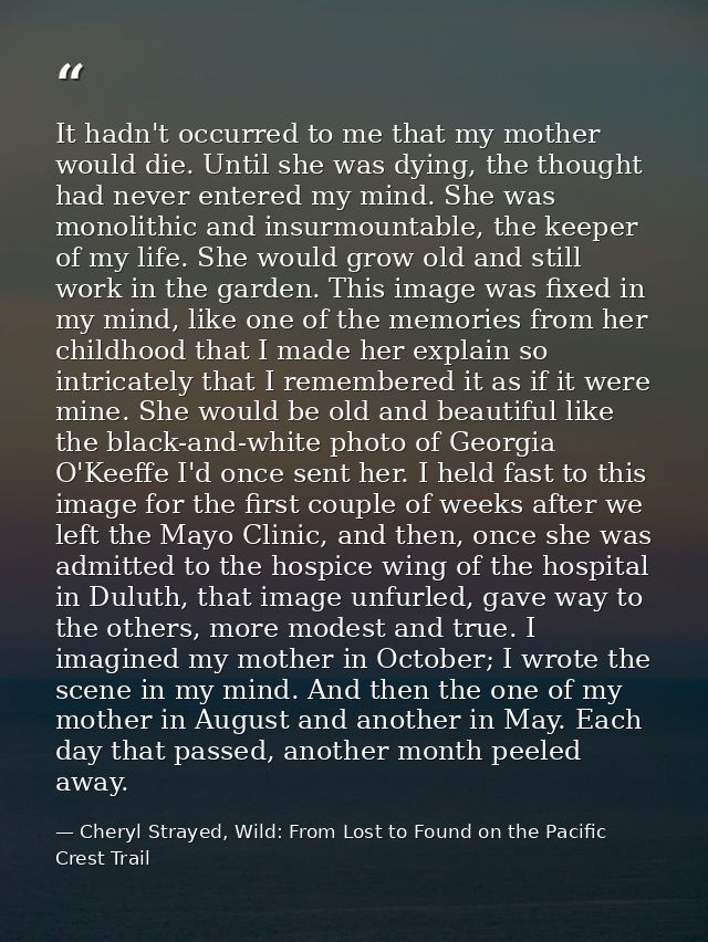 It hadn't occurred to me that my mother would die. Until she was dying, the thought had never entered my mind. She was m — Cheryl Strayed, Wild: From Lost to Found on the Pacific Crest Trail