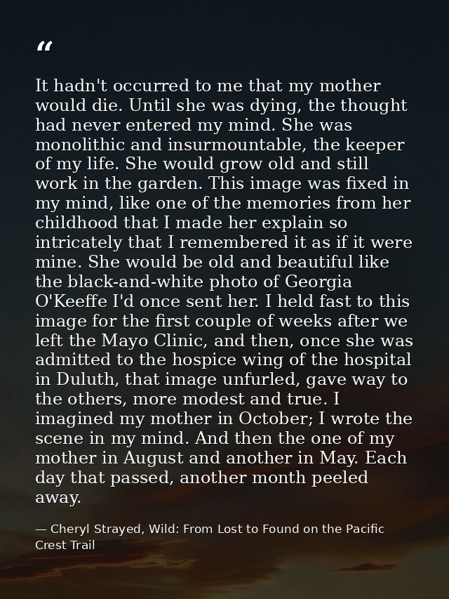 It hadn't occurred to me that my mother would die. Until she was dying, the thought had never entered my mind. She was m — Cheryl Strayed, Wild: From Lost to Found on the Pacific Crest Trail