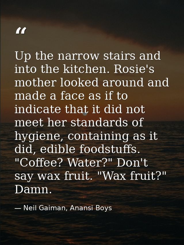 Up the narrow stairs and into the kitchen. Rosie's mother looked around and made a face as if to indicate that it did no — Neil Gaiman, Anansi Boys