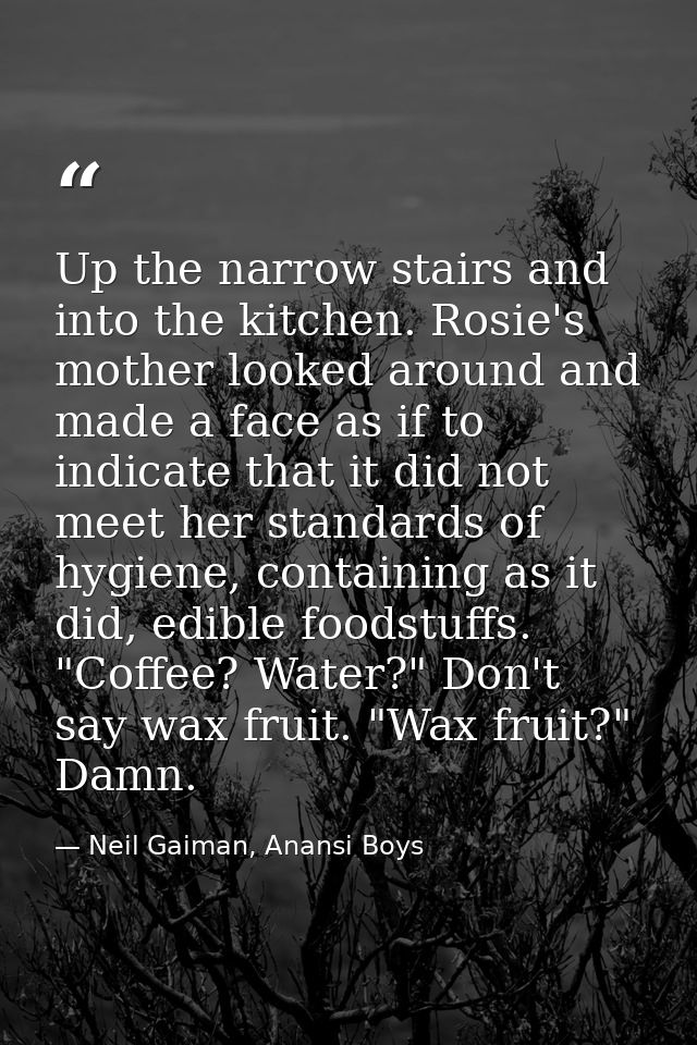 Up the narrow stairs and into the kitchen. Rosie's mother looked around and made a face as if to indicate that it did no — Neil Gaiman, Anansi Boys
