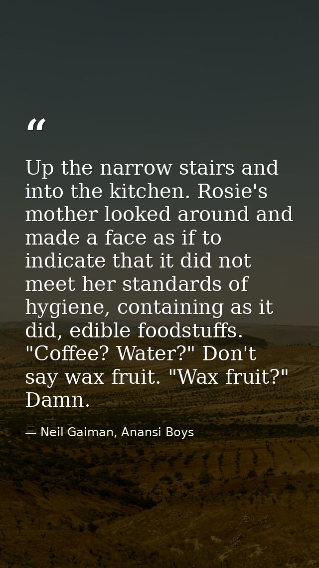 Up the narrow stairs and into the kitchen. Rosie's mother looked around and made a face as if to indicate that it did no — Neil Gaiman, Anansi Boys