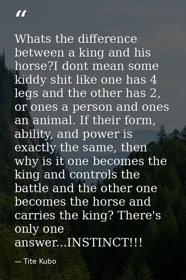 Whats the difference between a king and his horse?I dont mean some kiddy shit like one has 4 legs and the other has 2, o — Tite Kubo