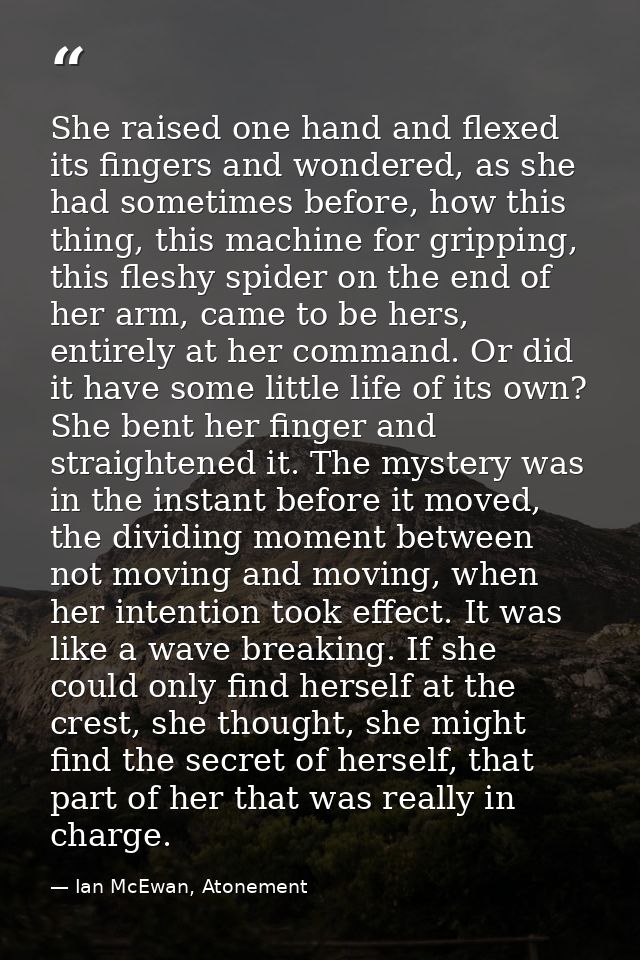 She raised one hand and flexed its fingers and wondered, as she had sometimes before, how this thing, this machine for g — Ian McEwan, Atonement
